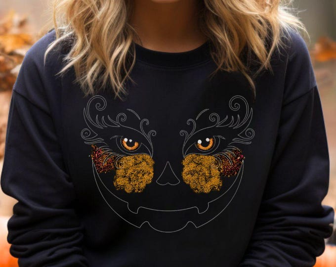 Witchy Pumpkin Face Sweatshirt: Glitter Lashes Halloween Pullover