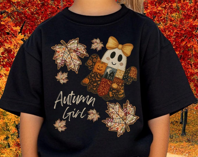 Kids Autumn Girl T-Shirt | Girls Fall Ghost Tee | Cute Halloween Shirt | Pumpkin Patch Outfit | Gildan 5000B Youth Tee | Autumn Leaves Top