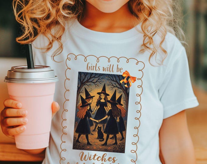 Coquette Witch Kids T-Shirt Cute Halloween Girls Tee Youth Witchy Shirt Gildan 5000B  Fall Aesthetic