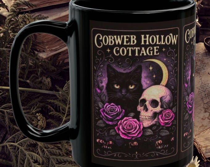 Black Cat Witchy Mug: Gothic Skull & Roses Halloween Coffee Cup