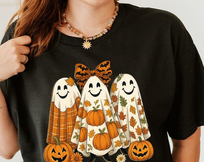 Happy Autumn Ghosts Tee | Fall Halloween Graphic T-Shirt, Cute Spooky Season Shirt, Pumpkin Ghost Tee