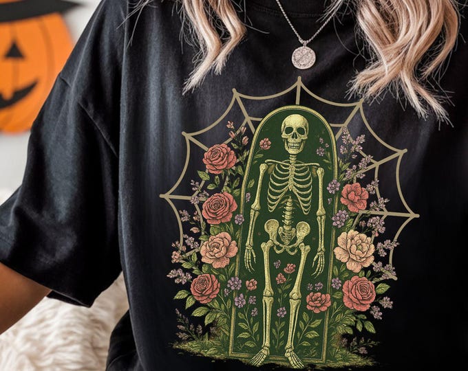 Floral Skeleton Coffin T-Shirt: Gothic Halloween Comfort Colors Tee