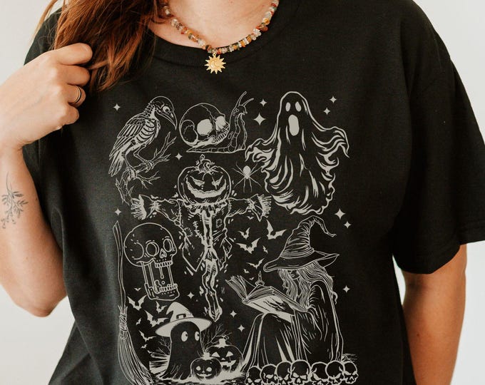 Witchy Doodle Art Halloween T-Shirt, Gothic Witchy Halloween Tee | Spooky Aesthetic Witchcore Shirt