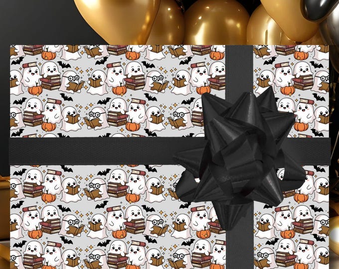 Cute Book Ghost Gift Wrap, Spooky Bookish Wrapping Paper, Ghost and Pumpkin Gift Wrap for Halloween Party, Matte or Glossy Paper