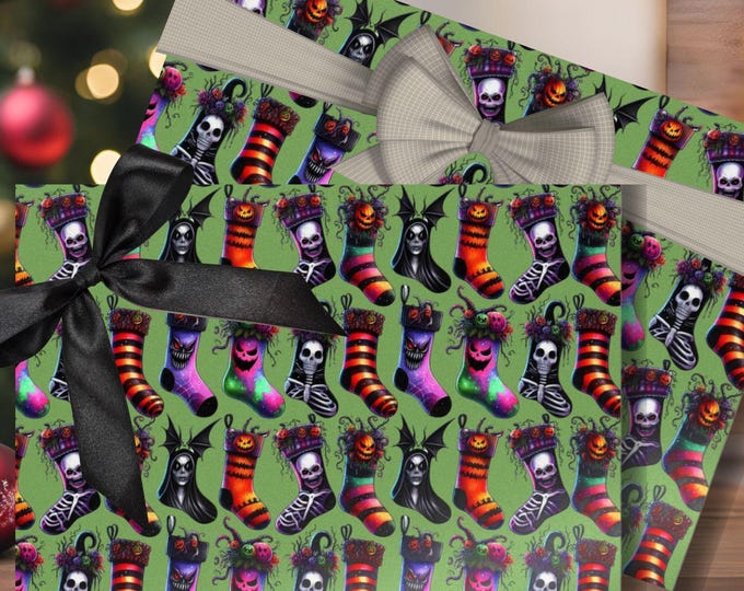 Gothic Christmas Gift Wrap, Creepy Spooky Wrapping Paper with Skulls, Pumpkins & Stockings, Matte or Glossy Wrapping Paper