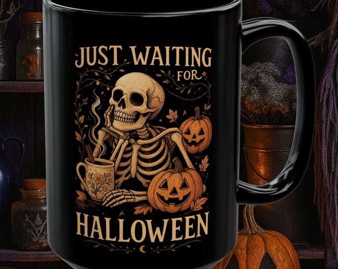 Spooky Season Coffee Mug: Skeleton & Pumpkin Design - 15oz Black Ceramic