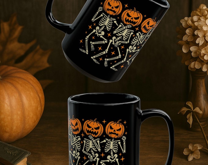 Dancing Skeleton Pumpkin Mug 15 oz Black Ceramic Halloween Coffee Cup