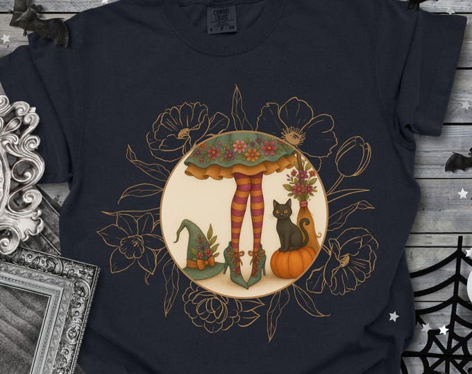 Floral Witch Halloween T-Shirt: Comfort Colors Black Tee