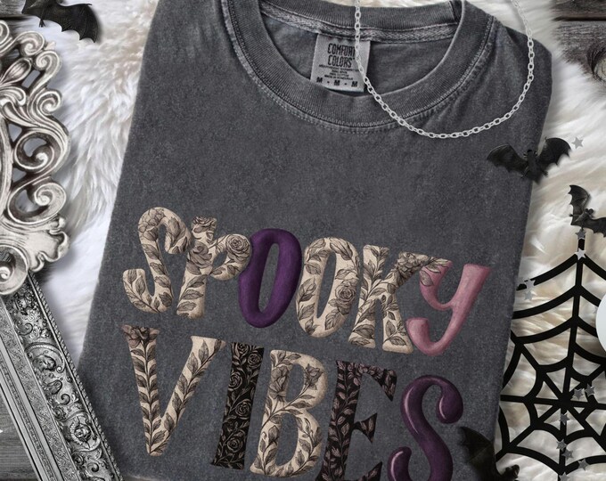 Spooky Vibes Comfort Colors Tee: Gothic Floral Halloween Shirt