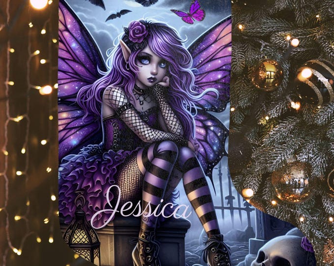 Personalized Gothic Fairy Christmas Stocking: Purple Wings, Skulls & Roses