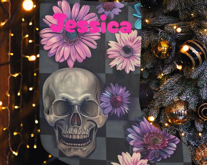 Personalized Skull & Floral Christmas Stocking  Large Soft Plush Polyester Fleece Custom Name