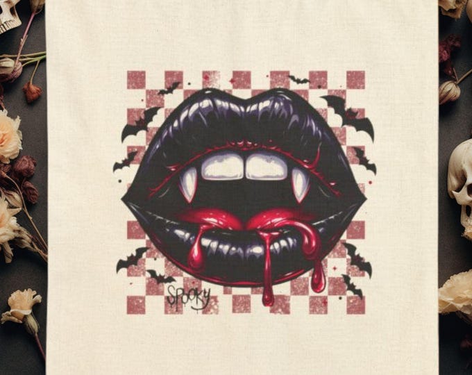 Vampire Lips Halloween Tote Bag: Gothic Cotton Canvas Trick or Treat Bag
