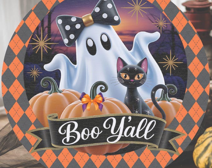 Halloween Wooden Sign: Ghost, Cat & Pumpkins - 12" Baltic Birch Decor