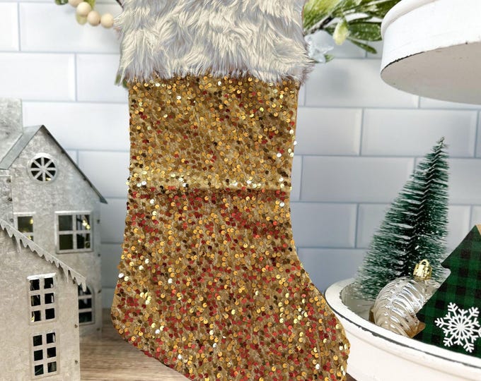 Gold Sequin Christmas Stocking with Faux Fur Cuff