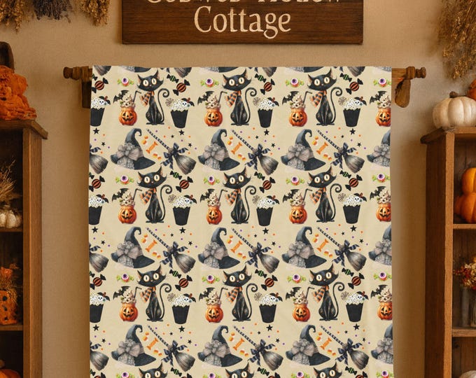 Witchy Brews Halloween Plush Blanket: Black Cat & Pumpkin Throw
