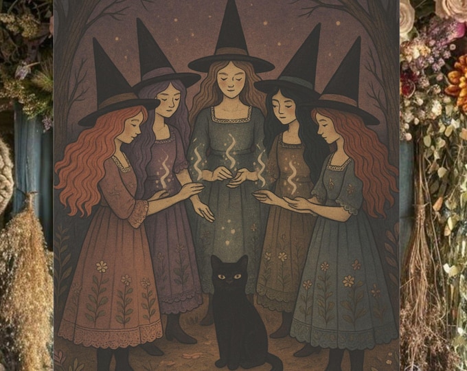 Featured listing image: Witches Will Be Witches Halloween House Flag  Vintage Storybook Style 24.5" × 32"