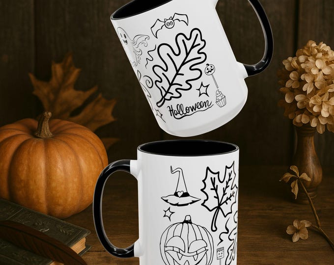 Halloween Ghost Mug  Spooky Cute Doodle Design | Ceramic Mug with Black Interior |  15oz Size