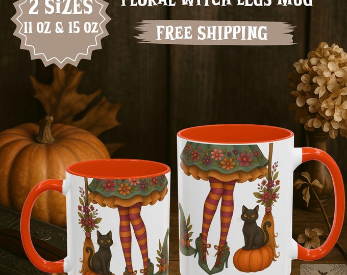 Floral Witch Legs Mug: Halloween Cat Cottagecore Coffee Cup