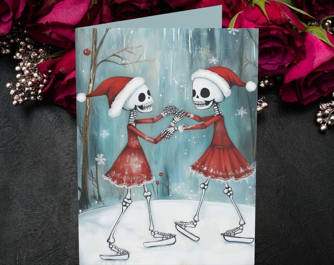 Gothic Skater Skeletons Christmas Card: Dark Whimsical Holiday Greeting