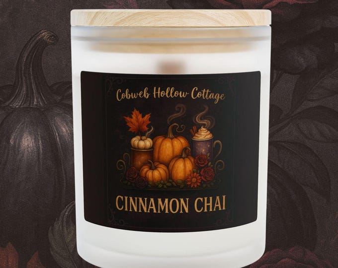 Cinnamon Chai Soy Candle: Gothic Autumn Scent, Wood Wick, Frosted Glass
