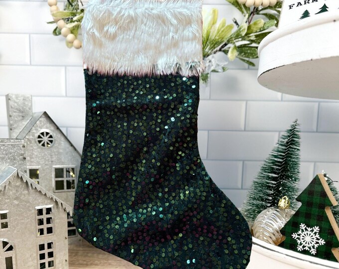 Green Sequin Christmas Stocking with Faux Fur Cuff
