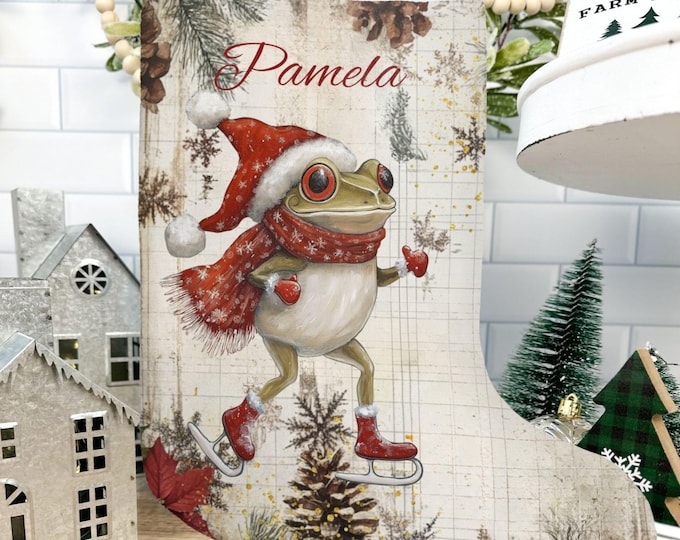 Personalized Frog Christmas Stocking: Ice Skating Holiday Decor