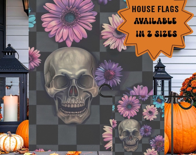 Gothic Skull and Flowers House Flag Double-Sided Halloween Garden and Porch Decor