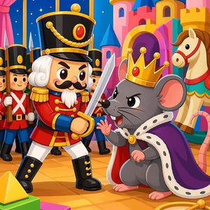 May include: A colorful illustration of a nutcracker soldier in a red uniform holding a silver sword, facing a grey mouse king wearing a gold crown and purple cape. In the background, toy soldiers, a rocking horse, and a castle are visible.