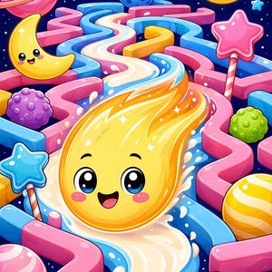 Peut inclure: Une illustration vibrante montrant une comète jaune souriante voyageant à travers un labyrinthe de chemins roses et bleus. La scène comprend une planète rose avec des anneaux, une planète bleue à pois, des lunes croissantes et des baguettes étoilées.
