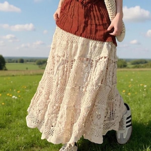 Cream Crochet Lace Maxi Skirt, Cotton Vintage Boho Long Skirt, Cottagecore Fashion, Festival Outfit, Tiered Lace Skirt, Countryside Style