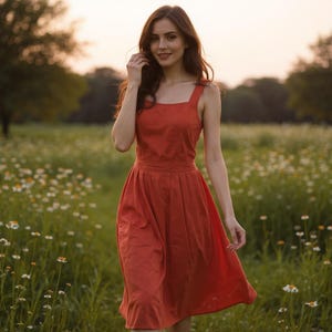 Summer Terracotta Cross Back Midi Dress for Women, Breathable Cotton Linen Vintage Button Dress, Sleeveless Cottagecore Dress, Countryside