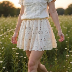 Peach Cream Cotton Linen Eyelet Mini Skirt |  Prairie Floral Cutwork | Elastic Waist Off White Summer Skirt | Cottagecore, Summer Festivals