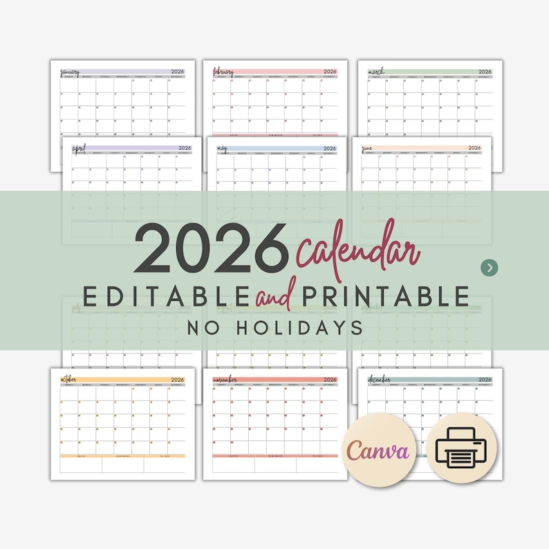 2026 Calendar With No Holidays | Minimalist Printable Calendar | Canva ...