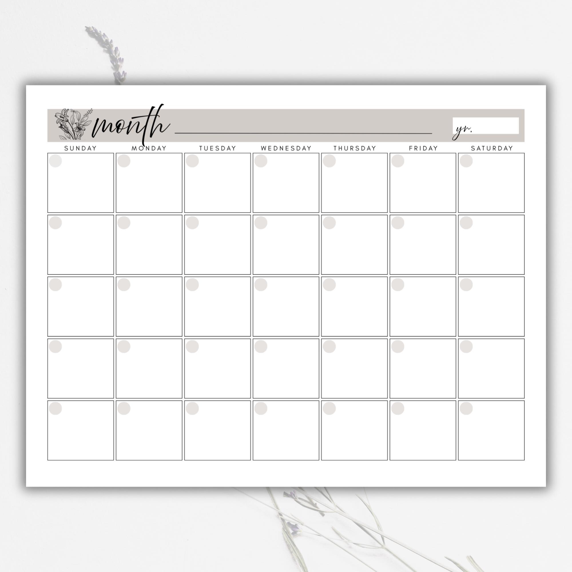 Undated Monthly Calendar Landscape Template | Printable and Fillable ...