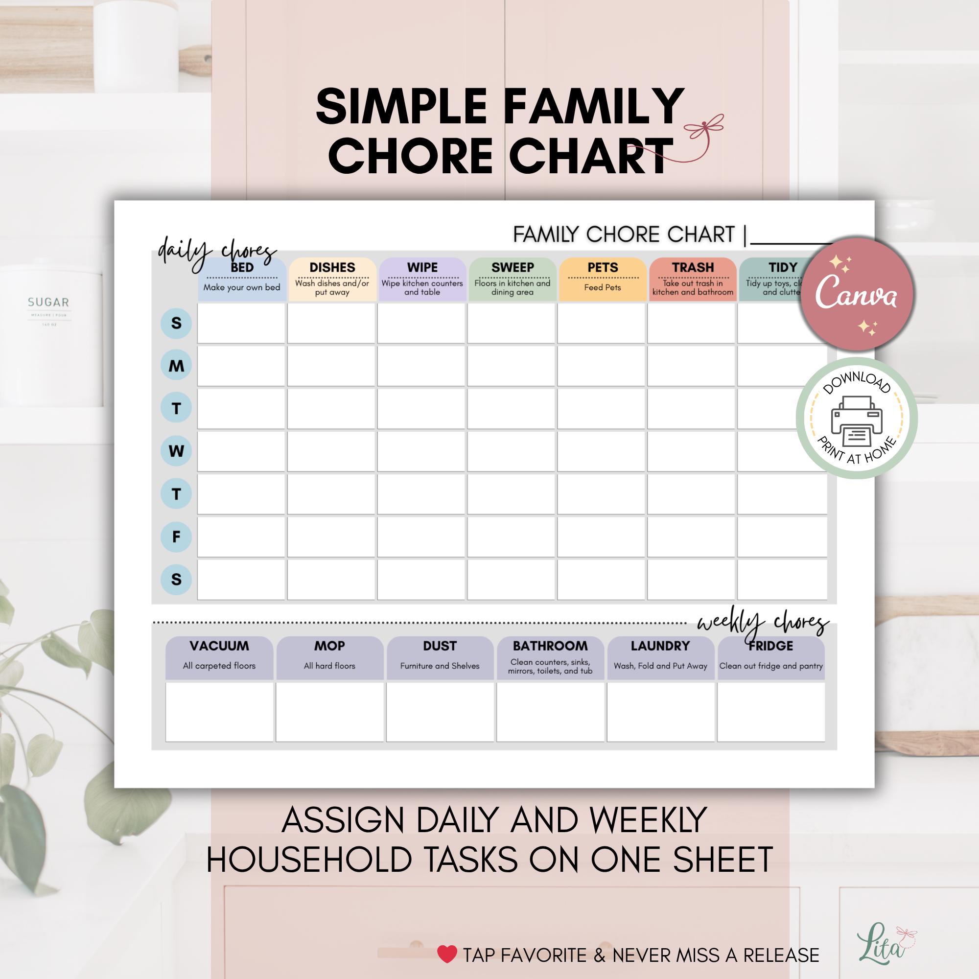 Simple Family Chore Chart | Printable Daily and Weekly Cleaning ...