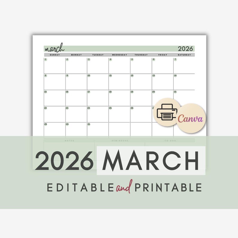 March 2026 Calendar | Minimalist Planner, Canva Editable (printable PDF ...