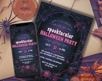 May include: A Halloween party invitation with a spooky design. The invitation features the text "spooktacular Halloween Party" with event details. A smartphone displays the same invitation. The design includes skulls, roses, and a dark color scheme.
