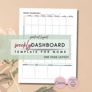 Könnte beinhalten: Ein weißes Wochen-Dashboard-Template für Mütter mit Hochformat. Die Vorlage enthält Abschnitte für jeden Wochentag, Prioritäten, Aufgaben, Erinnerungen und einen Vorausplanungsabschnitt. Der Text "Weekly Dashboard Template for Moms" ist in der Mitte angezeigt.