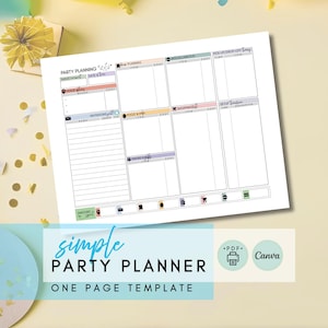 May include: A white party planner template with sections for venue, invitations, food, and more. The template includes the text "PARTY PLANNING" and "simple PARTY PLANNER ONE PAGE TEMPLATE". The template is designed for party planning.