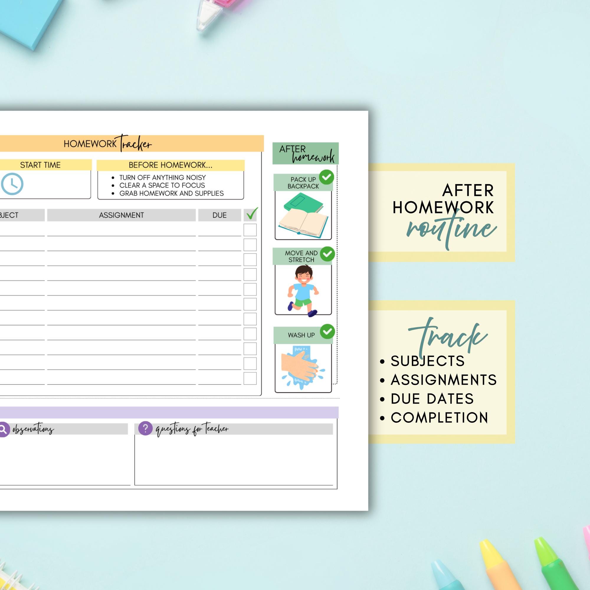 Printable Homework Routine | Kids Homework Tracker and After School ...