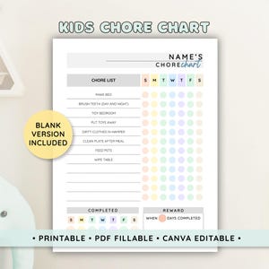Kids Chore Chart • Daily Responsibility Checklist • Printable + Fillable PDF • Canva Editable Template