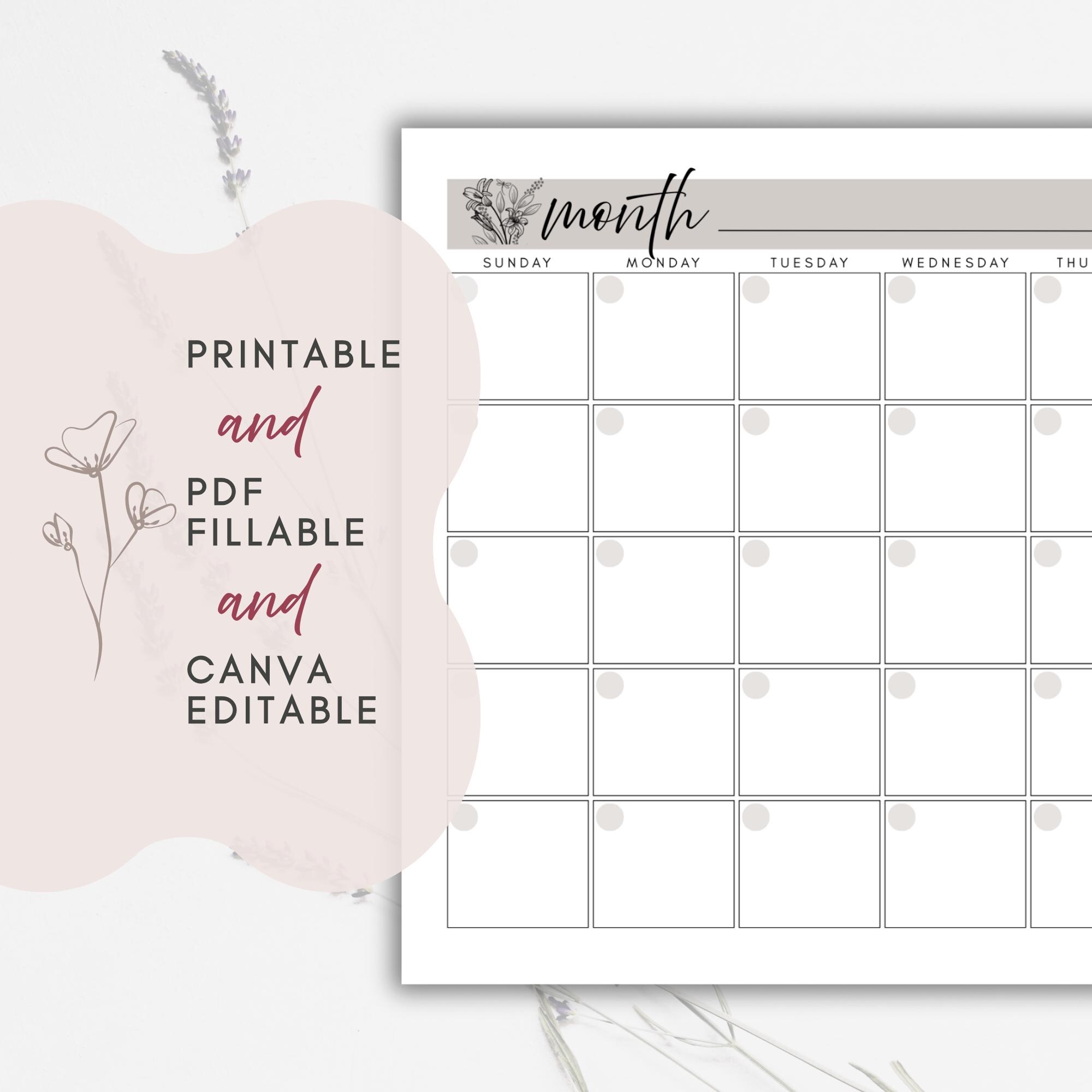 Undated Monthly Calendar Landscape Template | Printable and Fillable