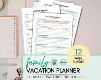 Pacote de Planejamento de Férias em Família | Visão Geral da Viagem, Orçamento, O que Levar na Mala e Cronograma Diário | Planejamento de Viagem para Imprimir (Canva + PDF)