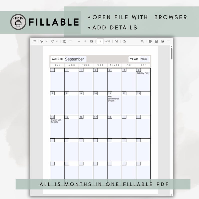Blank Monthly Calendar Template (portrait) | 13 Colors | Printable