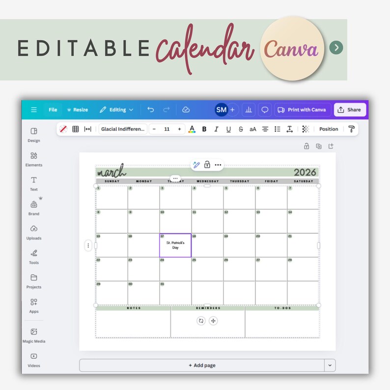 March 2026 Calendar | Minimalist Planner, Canva Editable (printable PDF ...