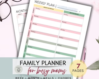 Family Planner for Busy Moms | Weekly, Monthly, Meal & Chore Templates | 7‑Page Printable PDF