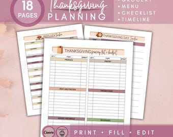 May include: Thanksgiving planning printable with 18 pages. The image shows a grocery list, menu, checklist, and timeline. The pages are in shades of pink, beige, and white. The text includes "Thanksgiving Planning", "Print, Fill, Edit", and "Canva".