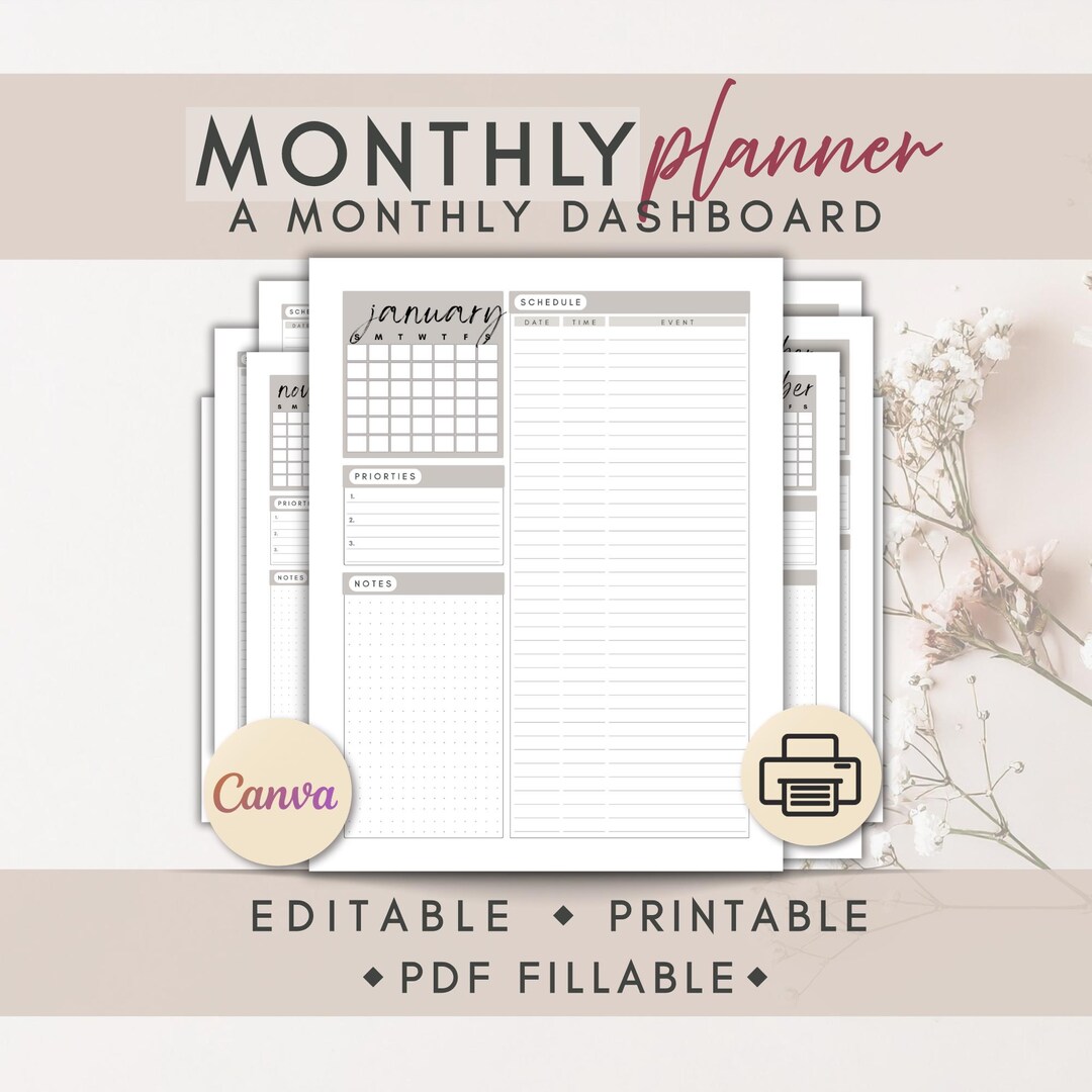 Monthly Planner Template | Printable Monthly Dashboard | Fillable PDF