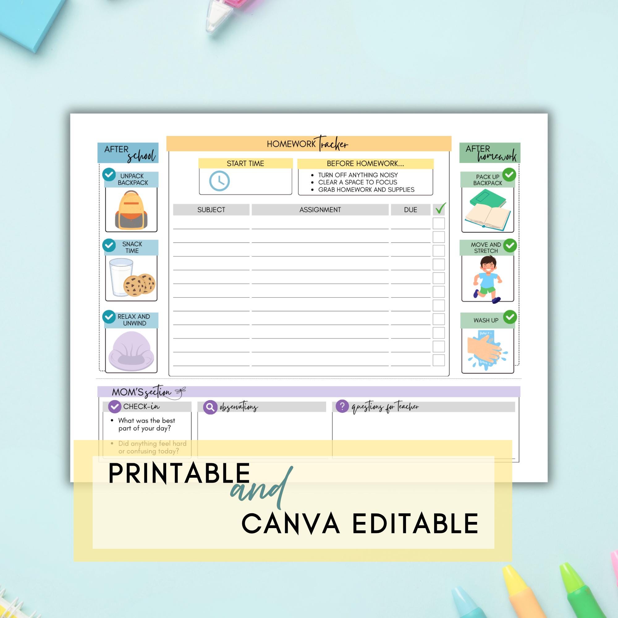 School Routine Tracker Printable Homework Routine | Kids Homework Tracker and After School ...