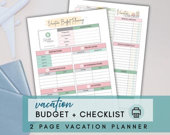 Planejador de orçamento para férias em família e lista de itens para levar na mala | Organizador de viagem simples de 2 páginas | PDF para imprimir